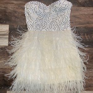 BEBE sequin and feather cocktail dress